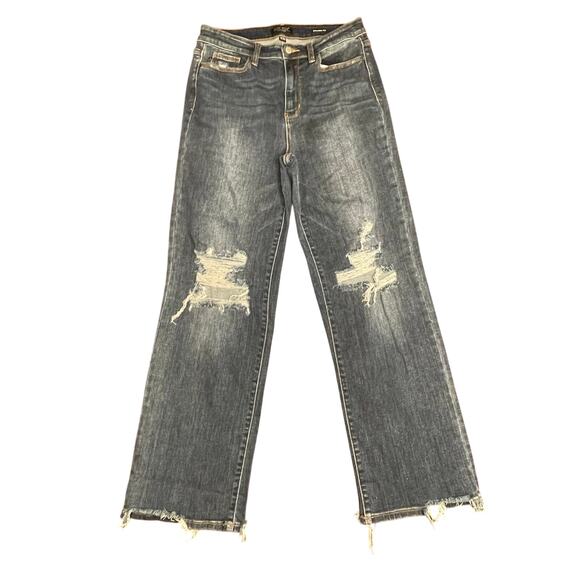 Judy Blue Straight Fit Jeans 11 30 Distressed Dark Wash Frayed Hem - Picture 1 of 9